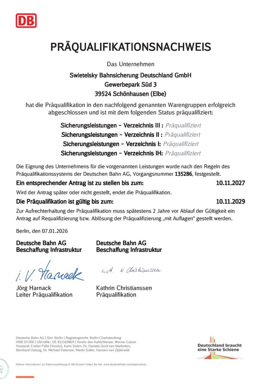 PQ Nachweis Swietelsky Bahnsicherung Stufe 3